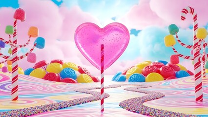 Whimsical candy land scene with heart shaped lollipop and colorful sweets display