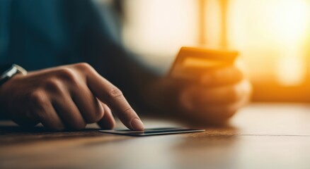 Man using credit card for online payment transaction on wooden table e-commerce shopping with hand and plastic card banking concepts