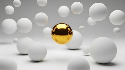 3D Render of Single Gold Sphere Floating Among White Spheres Luck and Uniqueness Concept