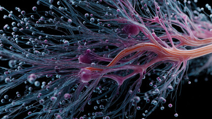 Abstract visualization showcases the dynamic flow of information through neural pathways, illustrating the intricate processes of brain signals and electrochemical impulses in the nervous system
