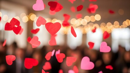 Blurred background of falling red and pink hearts with twinkling lights