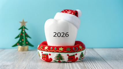ceramic tooth in Santa Claus's New Year's hat with numbers 2026. healthy teeth concept. christmas and new year gift