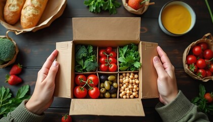 Hands open cardboard box filled with fresh produce. Ingredients include broccoli, tomatoes, olives, chickpeas, and greens. Baguettes and soup bowl nearby.