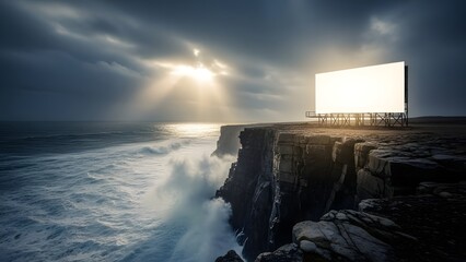 Dramatic coastal scene with a glowing billboard against a stormy ocean and sky