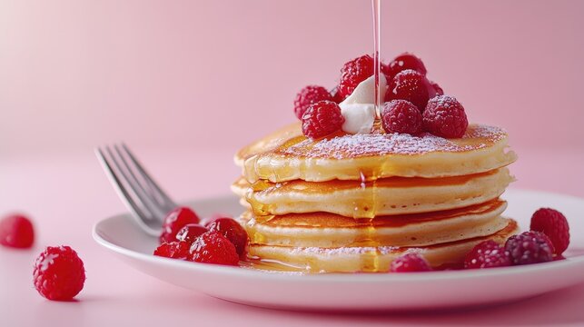 White plate topped with a stack of pancakes and ras powder.