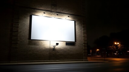 Illuminated blank sign on brick wall at night with blurred city background