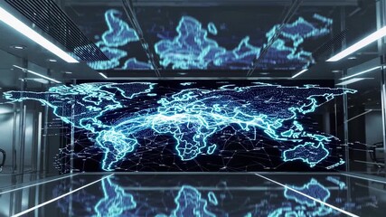 Futuristic digital world map with glowing blue lines, global network connection, modern technology data center, innovation, global connectivity - Powered by Adobe