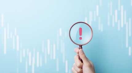 Magnifying glass with exclamation point over stock market chart on blue background for financial risk and investment analysis concepts