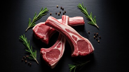 Raw lamb chops with rosemary and peppercorns on dark slate.