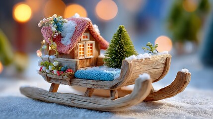 Miniature Wooden Sled with Snowy House and Christmas Tree on Snowy Surface