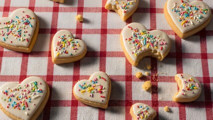 Heart shaped sugar cookies decorated with colorful sprinkles on a red checkered tablecloth
