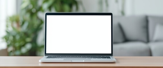 Fototapeta premium Laptop computer with blank white screen on wooden table in modern living room for mockups and presentations technology and communication concepts