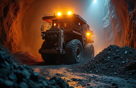 Huge mining truck moves through dark tunnel. Giant vehicle works underground, hauling ore and rock. Heavy machinery operates in industrial mine, illuminated by bright lights.