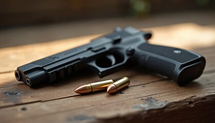 Obraz premium Black handgun rests on wooden table with bullets nearby. Modern firearm, ammunition represent power, danger, defense. Close up focus on weapon, signifying readiness, action. Tactical design hints at