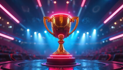 Golden trophy gleams under bright neon lights on stage in stadium. Celebrate esports victory, digital game award, or major sporting achievement. Arena stage glows with vibrant spotlights.
