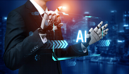 A self-aware AI assistant displays its central processing hub on a futuristic interface. This generative technology demonstrates its capabilities in machine learning and data analysis. Fermion