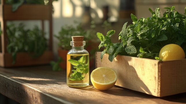 Wooden box containing lemon and mint.