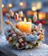 Winter Candle Decoration on Snowy Surface with Blurred Background