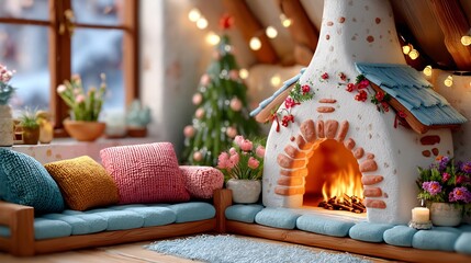 Cozy Living Room with Fireplace and Christmas Tree