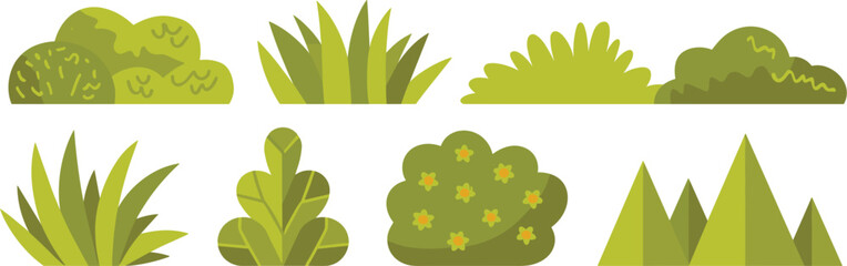 Obraz premium Collection of various green bushes, decorative grass, shrubs, and hedges, flat design nature elements set