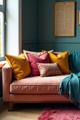 A plush settee adorned with a variety of comfortably plump cushions in a vibrant array of textures and colors, perfect for relaxation and stylish home d?cor , plush, minimalist