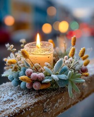 Frosted Floral Wreath with Lit Candle on Snowy Fence Rail in Winter