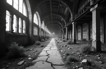 Obraz premium Abandoned industrial building with arched windows and concrete pillars. Overgrown vegetation and cracked pathway lead into misty distance. Monochrome view of derelict factory interior.