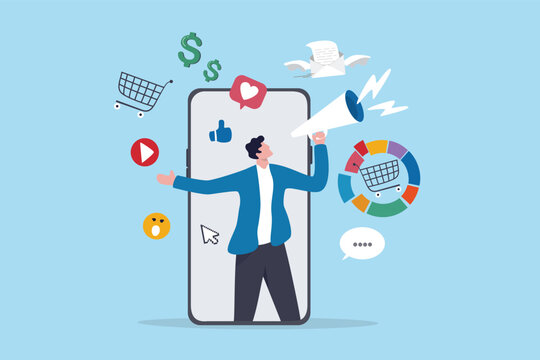 Affiliate marketing online network advertising, referral program to generate revenue from affiliate link for customer to buy product online, young man with megaphone promote reference link on mobile.