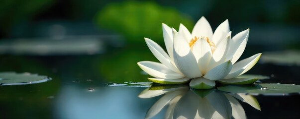 A pristine white lotus flower emerges from calm, still water, its petals unfurled in the soft sunlight  The delicate bloom contrasts beautifully with the dark, reflective surface ,  ethereal,  white