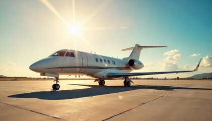A private jet awaits on a sun-drenched tarmac, ready for takeoff to an exotic destination Luxury travel, ultimate escape, opulence, adventure awaits , private jet, exclusive, blue sky