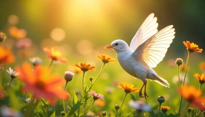 A radiant summer scene featuring delicate white wings amongst vibrant wildflowers bathed in golden sunlight, conveying serenity and ethereal beauty ,  celestial,  fragile