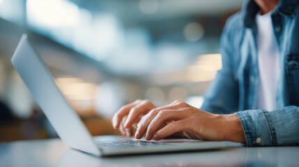 hands typing quickly on modern, silver laptop keyboard. Captures the essence of remote work, technology, business communication, and productivity in modern, intentionally professional setting