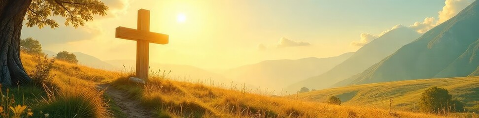 A rustic wooden cross stands tall against a sun-drenched, idyllic landscape, conveying peace and serenity Perfect for Easter, Lent, or general Christian themes , tranquil, christian, grace