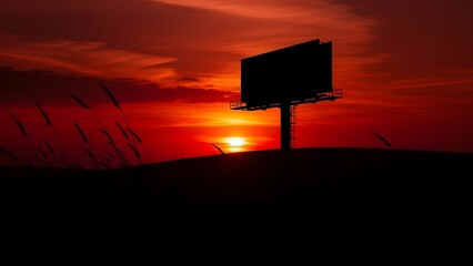 Dramatic sunset over a dark landscape with a blank billboard silhouetted against the sky