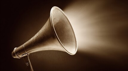 amplifier. Vintage megaphone isolated with soft glow and dramatic lighting for a nostalgic feel. product launch decks, UI/UX mockups, designed for product launches and innovation pitches.