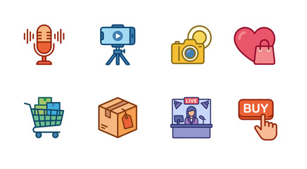 E-commerce, Live Streaming, and Digital Shopping Icons Set: Online Retail, Marketing, Consumerism, and Social Media Commerce