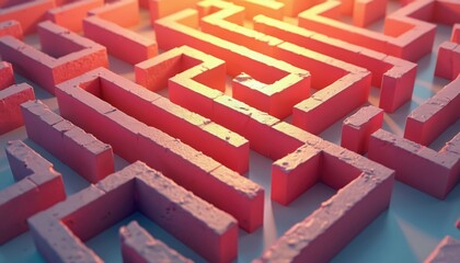 Pink 3d maze labyrinth with rough texture casts shadows. Intricate geometric puzzle forms complex pathway, challenge, confusion, strategy in business decisions. Endless route choice difficulty.