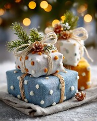 Wrapped Christmas Gifts with Pine and Pinecones on Table