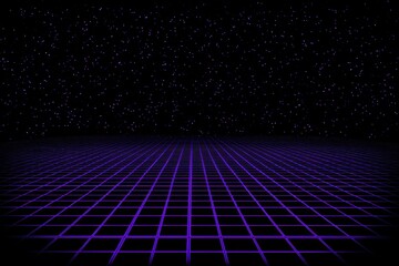 Abstract Digital Grid Perspective With Sparkling Starry Sky Background