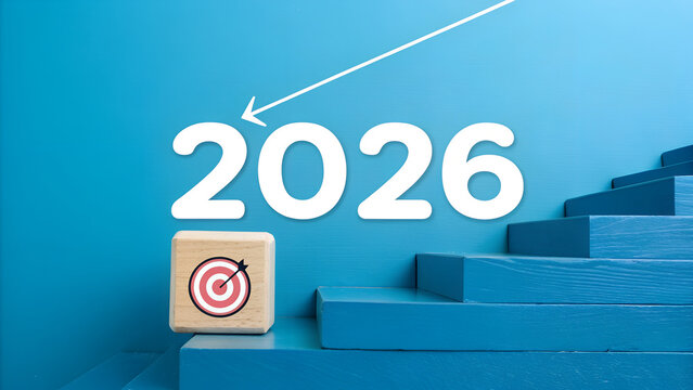 Happy new year 2026 background. 2026 calendar numbers with target icon on round wood block on modern staircase with rise arrow on blue background, vertical. Business growth, goal and success concept. - Powered by Adobe