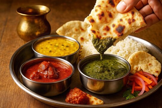 Hand dips warm naan into creamy palak paneer on a stainless thali with dal, rich curry, basmati rice and pickled onions on a wooden table, brass lota blurred behind, concept of indian cuisine