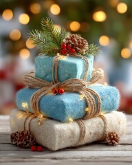 Stacked Christmas Presents with Pinecones and Lights on Wooden Table