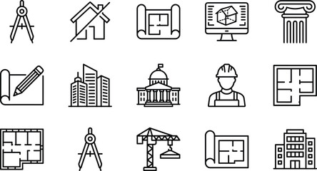 Architecture design icon collection, construction outline symbols, building blueprint graphics, urban planning illustration, icons, CAD drawing flat vector illustration