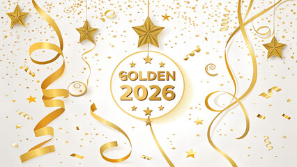 Golden 2026 New Year Eve Celebration With Confetti and Ribbon. White Background.