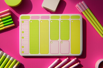 Weekly planner and markers in flat lay style