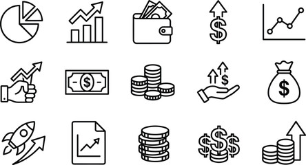 Finance growth icon collection, investment outline symbols, money management graphics, financial success illustration, business profit interface icons, CAD drawing flat vector illustration