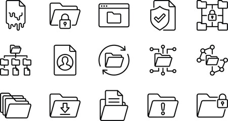 File management icon collection, secure folder outline symbols, data protection graphics, digital document storage illustration,  CAD drawing flat vector illustration