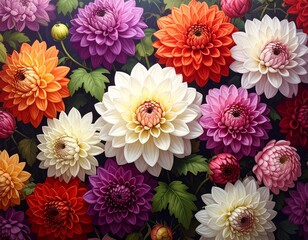 Fototapeta premium Flowers wall background with amazing red,orange,pink,purple,green and white chrysanthemum flowers
