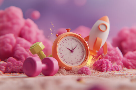 Stopwatch rocket and dumbbells in creative cartoon style