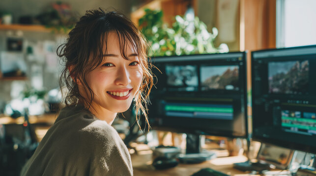 明るいオフィスで映像編集作業を行う女性ディレクターのやりがいある仕事シーン